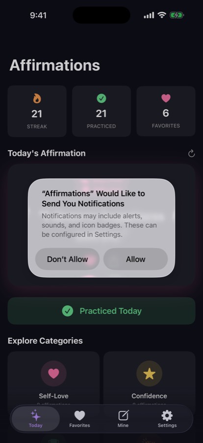 Affirmations -sovelluksen näkymä: päivän ajatus